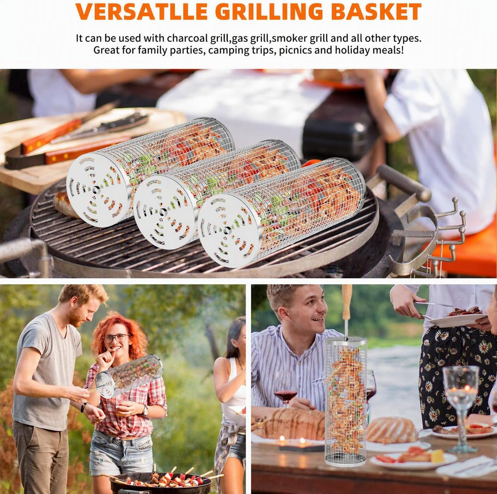 Rolling Grill Baskets, 304 Stainless Steel Grill Basket BBQ Tools | Grill Vegetable, Removable Handle, Heat Resistant, Dishwasher Safe, Nesting Storage, Outdoor Camping, BBQ Gifts for Men Dad