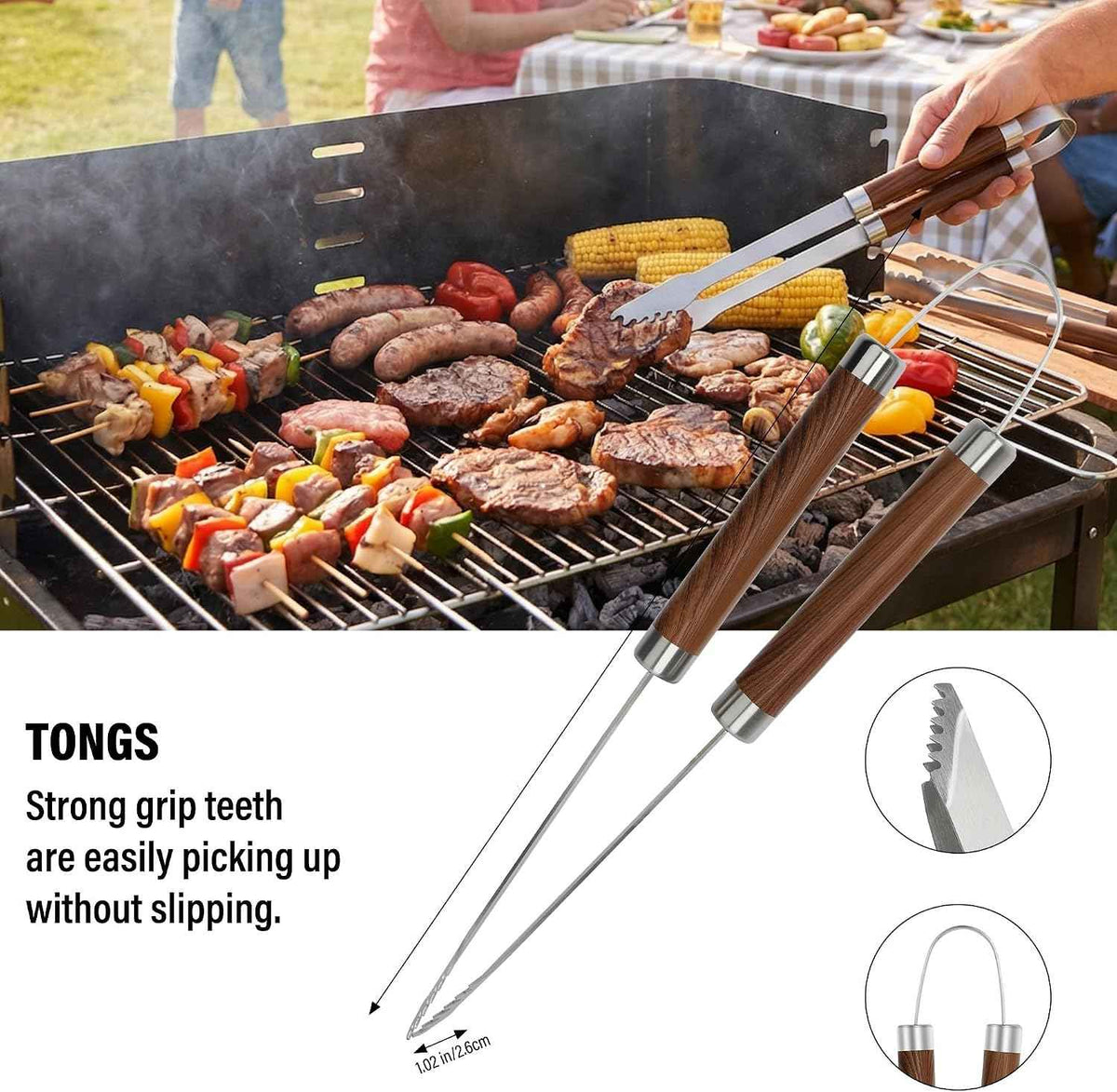 Grill Set, Grill Tools for Outdoor Grill Utensils Set BBQ Accessories | Grilling Tools Set, Spatula, Fork, Brush, Tongs & Cleaning Brush, Gifts for Men Dad Him (Wood)