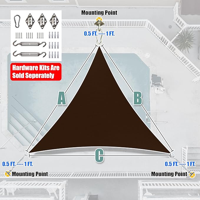 Amgo Custom Size 10' x 10' x 10' Brown Triangle Sun Shade Sail UPF50+ AGTAPRT12 - Image 8