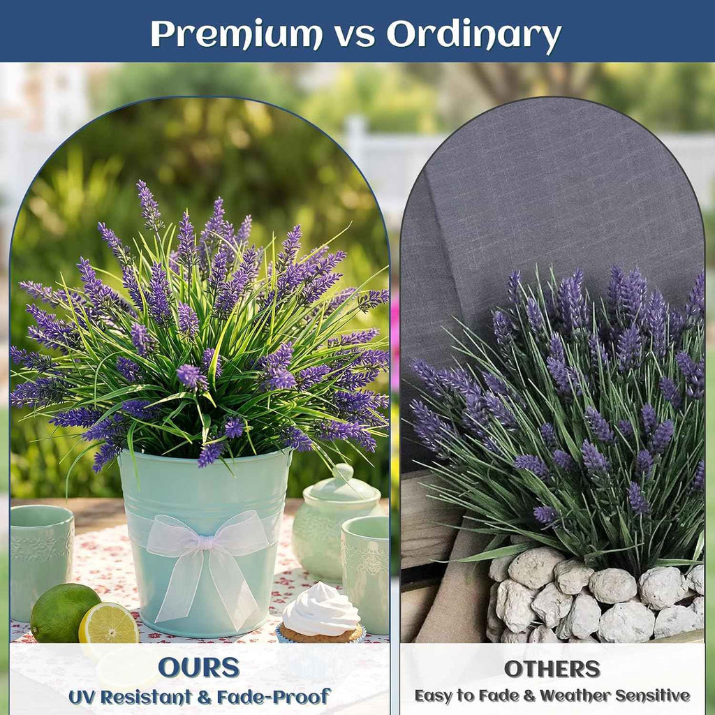12Pcs Artificial Fake Flowers Monkey Grass for Outdoors, UV Resistant Realistic No Fade Faux Greenery Plants with Purple Flowers for Planter Home Garden Porch Patio Window Box