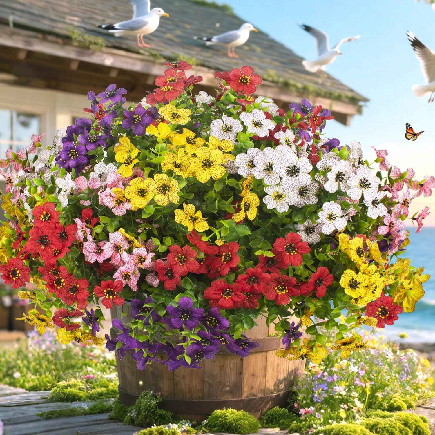 Grunyia 20 Bundles Artificial Flowers for Outdoors, UV Resistant Fake Plants Flowers Greenery Shrubs Plants for Decoration Outside Plants Hanging Planter Home Garden Decor