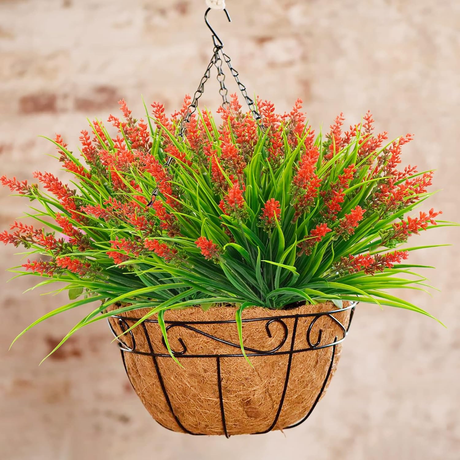 obbsie 12 Bundles Artificial Plants Outdoor, 18.2" UV Resistant Faux Monkey Grass Greenery Stems No Fade Faux Plastic Flowers Shrubs for Home Weddings Garden Porch Front Patio Office Decor - Red