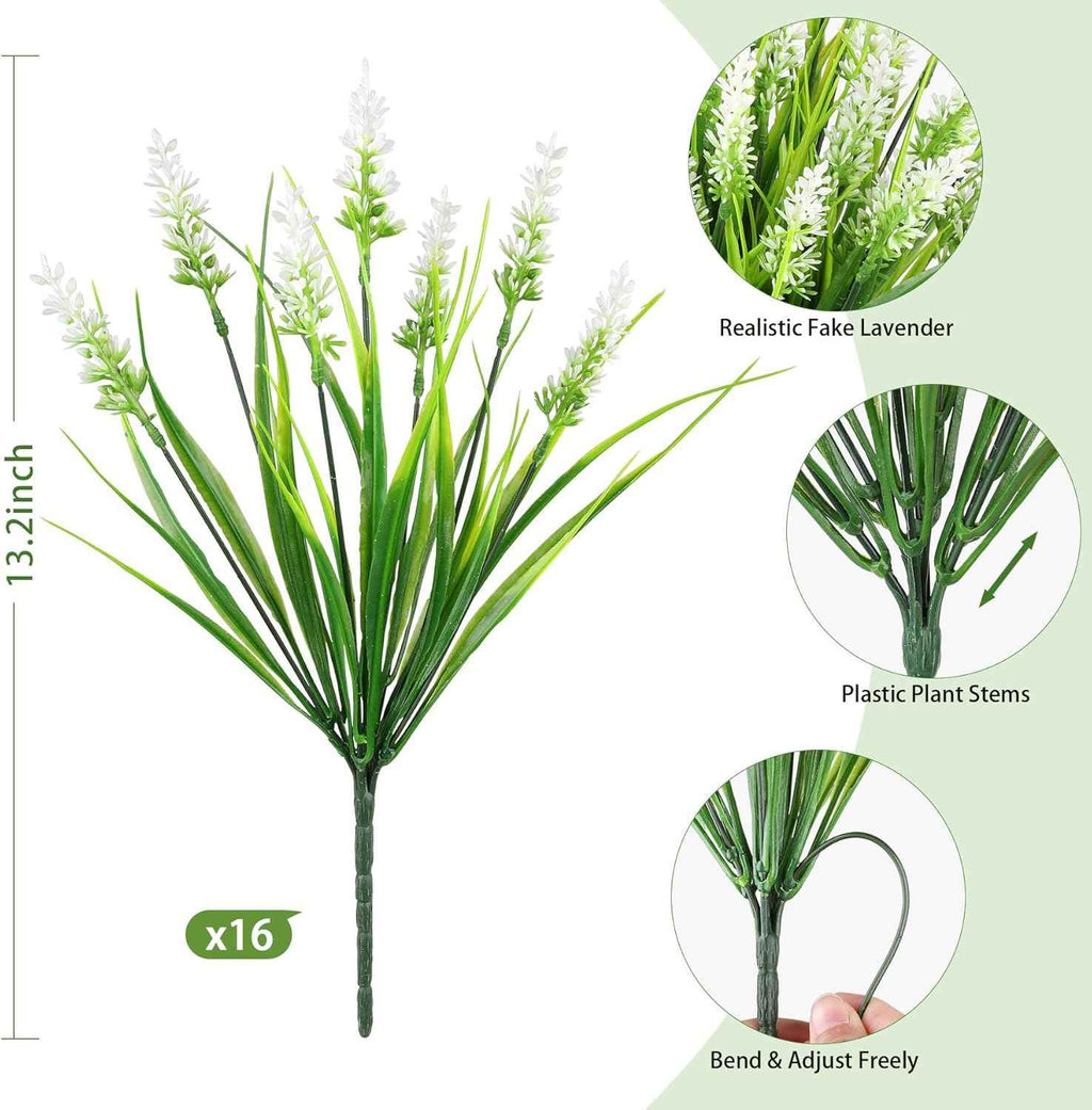 16PCS Artificial Flowers Outdoor, Fake White Monkey Grass Plants | UV Resistant, Plastic, Planter Filler for Hanging Baskets, Window Boxes & Planters, Porch, Patio Outdoor Decor