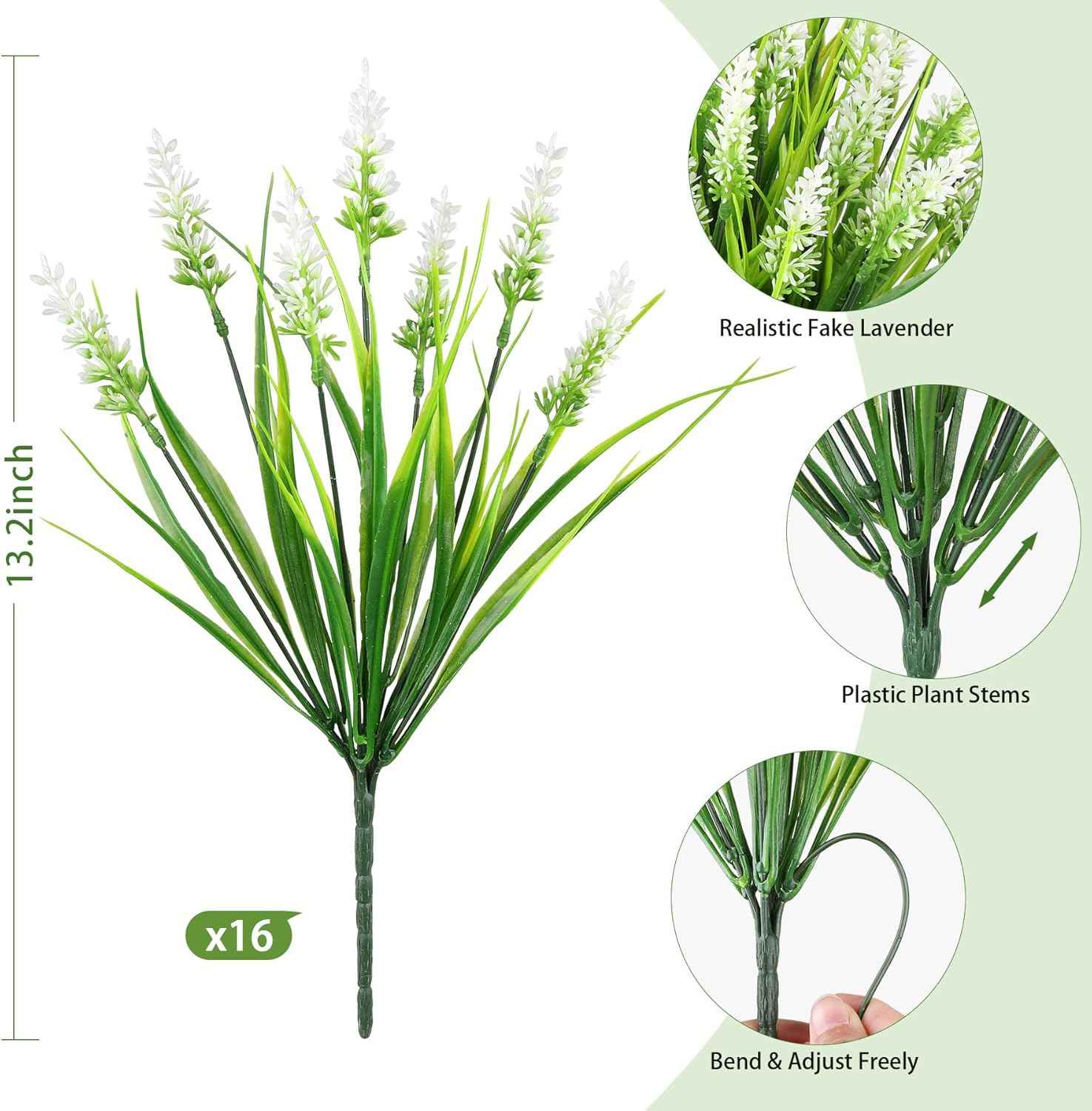 16PCS Artificial Flowers Outdoor, Fake White Monkey Grass Plants | UV Resistant, Plastic, Planter Filler for Hanging Baskets, Window Boxes & Planters, Porch, Patio Outdoor Decor