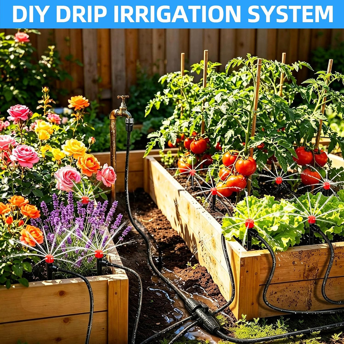 Drip Irrigation System, 106FT Quick Connect Garden Watering | Automatic watering with leak-free push-fit connectors, adjustable drip emitters for gardens, raised beds, greenhouses & lawns