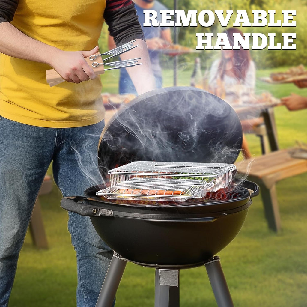 Nesting Grill Basket Set, BBQ Accessories, Outdoor Camping, Gifts for Men | 304 Stainless Steel, Removable Handle, Smoker Rack grilling Tools for Fish Vegetable, Cooking Grate, Birthday for Dad Husband