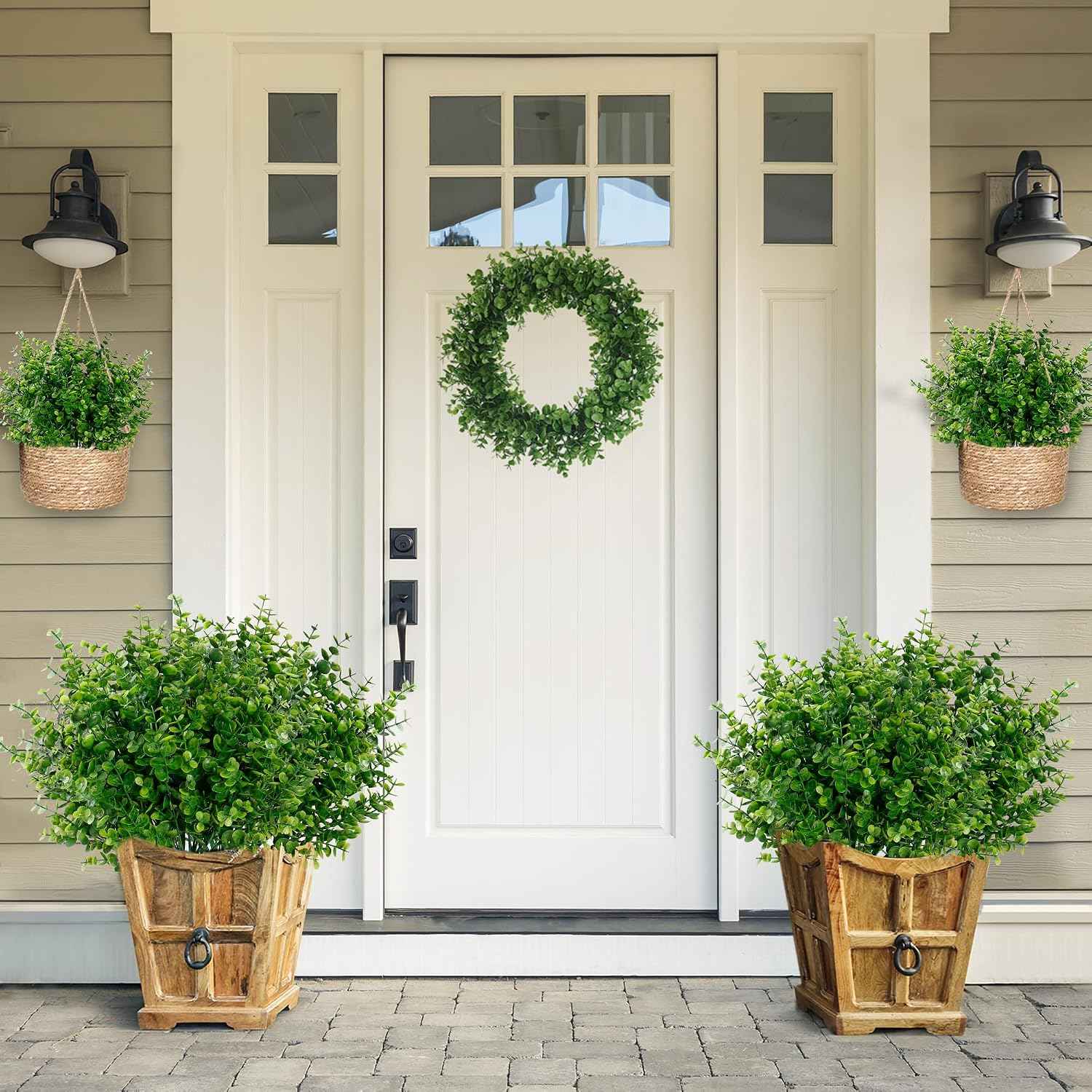 Sggvecsy Artificial Flowers for Outdoors 12 Bundles UV Resistant Boxwood Shrubs Artificial Eucalyptus Fake Plants Faux Plastic Greenery for Farmhouse Garden Indoor Outdoor Home Wedding Decoration