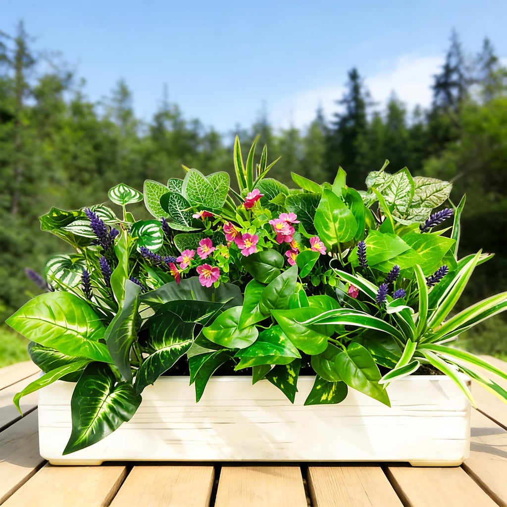 12 Pcs Artificial Plants for Outdoors Faux Greenery Leaves UV Resistant Realistic Plastic Large Bunches Shrubs Bushes with Flowers, Fake Plants Decor Outdoor for Front Porch Door Patio Garden Yard