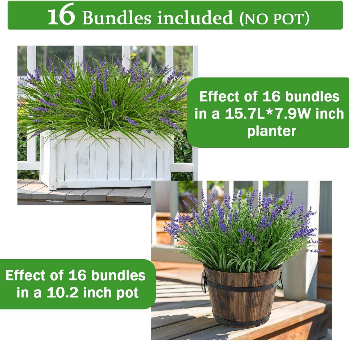 16 Bundles Artificial Outdoor Plants and 2 Pcs Butterfly Stakes Fake Monkey Grass with Flowers UV Resistant Faux Plant Greenery for Outside Planter Porch Patio Garden Window (Purple)