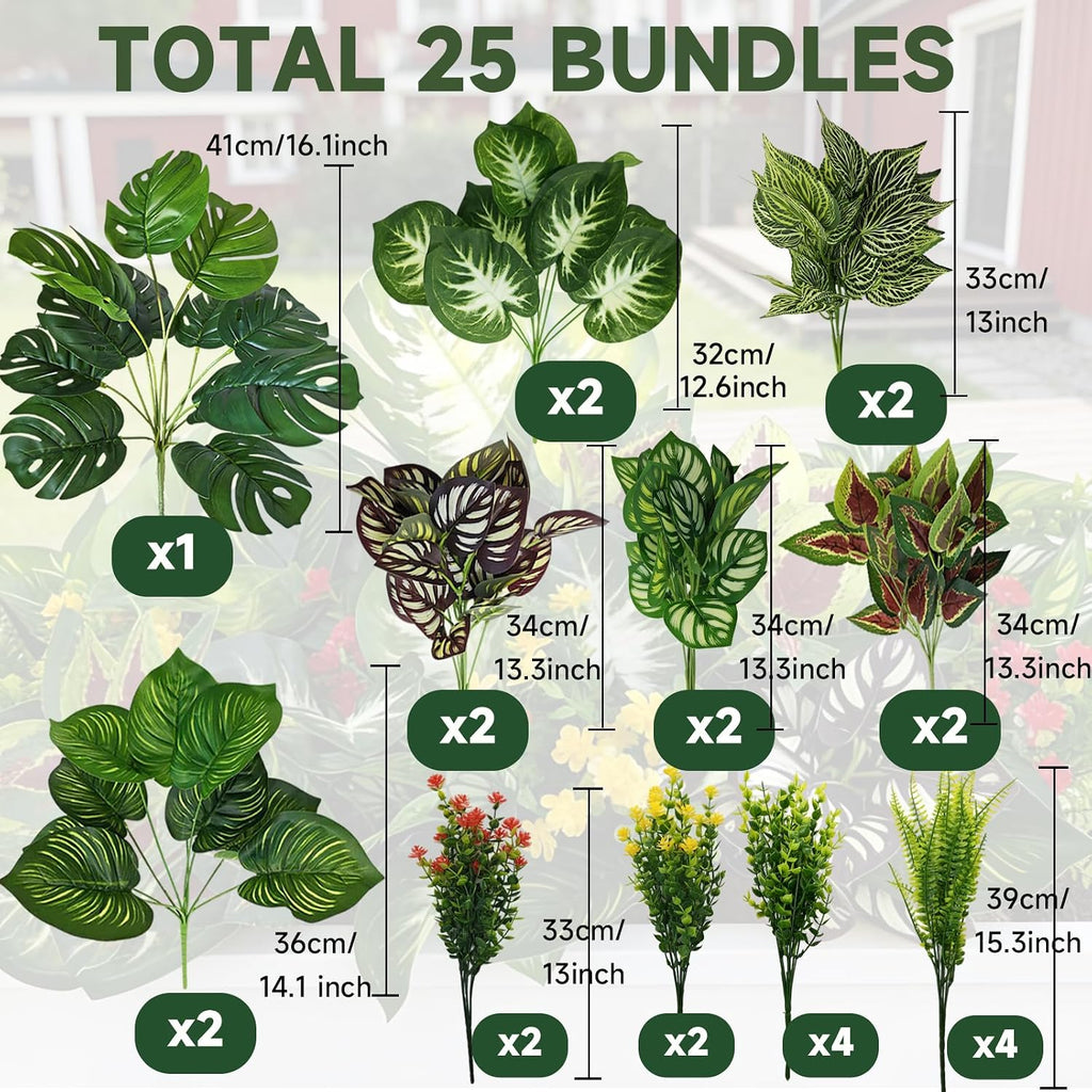 25 Bundles Outdoor Artificial Plants and Flowers Greenery Stems UV Resistant Fake Stems Plastic Leaves for Front Porch Home Decor Garden Porch Planter Window Box