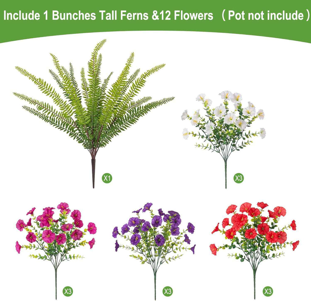 Hrobek Artificial Flowers for Outdoors Faux Plants Outside Indoor,UV Resistant Silk Fake Morning Glory Tall Ferns for Home Patio Garden Back Yard Front Porch Decor (13 Bunches,5 Multi Colors)