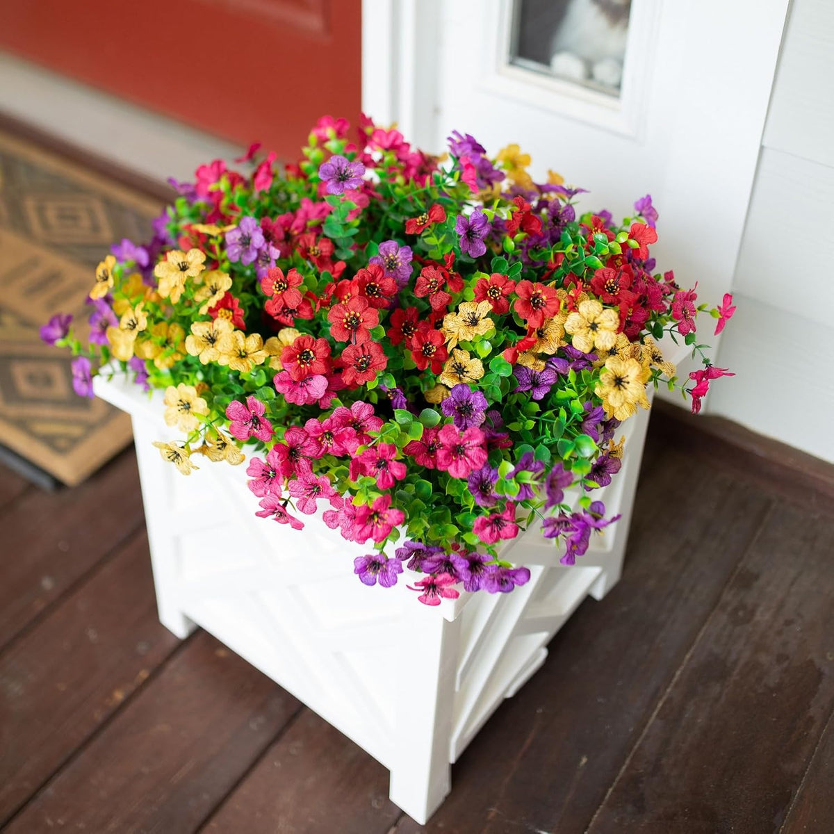 Daisy Artificial Flowers for Outdoors Decor, 12 Bundles Faux Daisy with Eucalyptus Fake Plants Greenery UV Resistant Look Real Colorful Faux Flowers for Outside Planter Porch Patio Yard Gardens, Mix