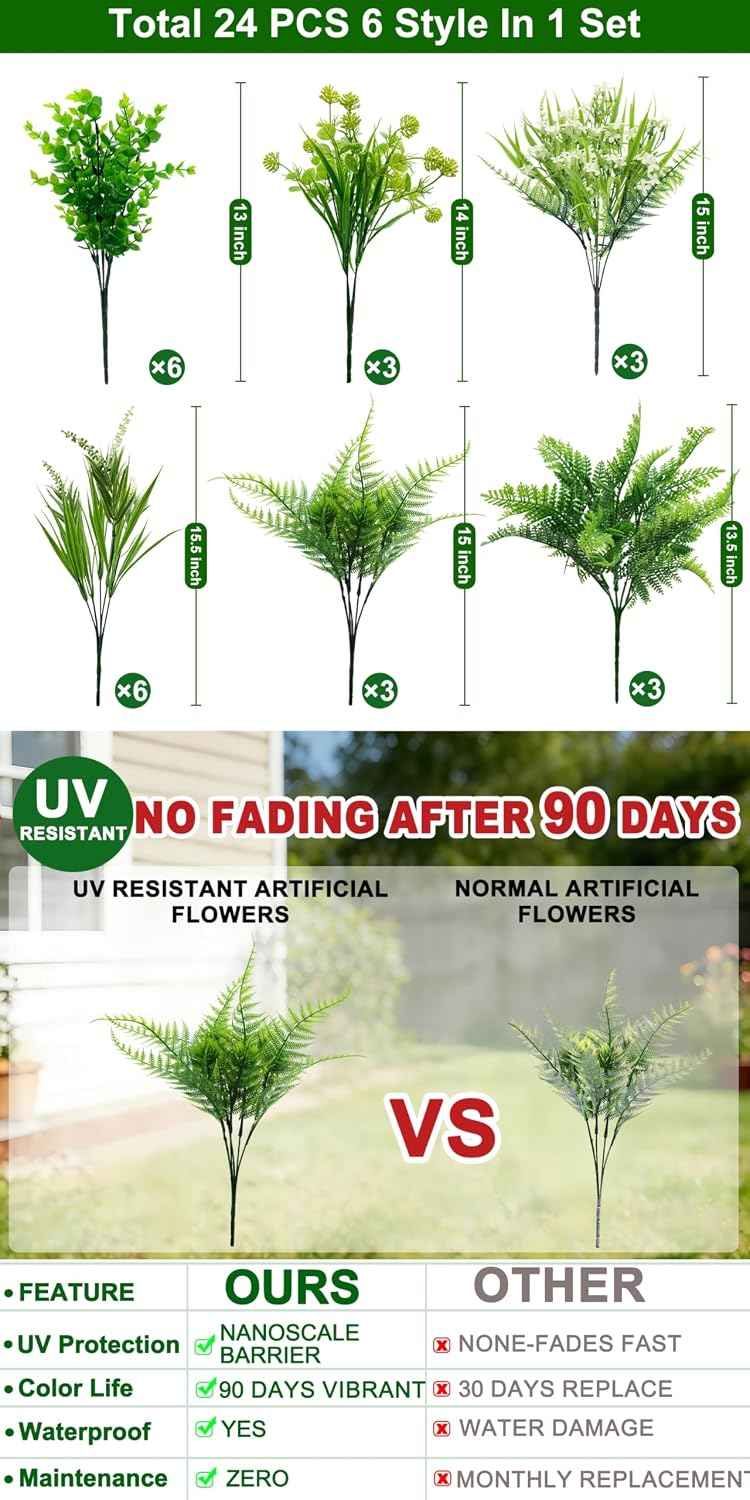 24 Bundles 6 Styles Artificial Plants Flowers for Outdoors Summer Decor | UV Resistant No Fade Faux Plants Plastic Greenery Shrubs, Fake Fern Lavender Boxwood for Garden Porch Yard Home Outdoor Decor