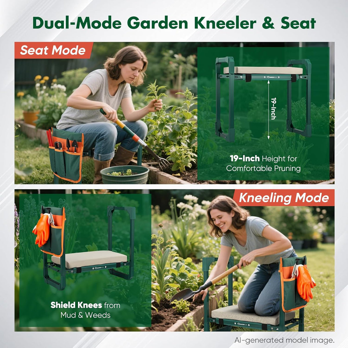 SakerPlus Garden Kneeler and Seat, Heavy Duty Foldable Garden Stool | 10-inch thickened pad, 400 lb support, extendable legs and 8-pocket tool bag for gardening, weeding and seniors