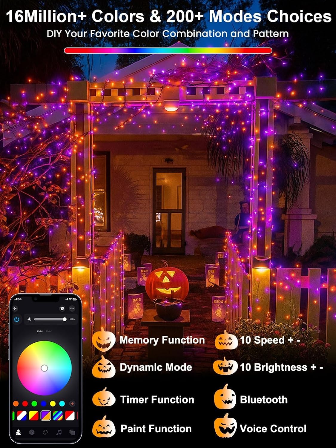 200 LED Smart RGB Color Changing String Lights APP & Remote for Halloween | 66 FT Halloween Twinkle Lights IP44 Waterproof, Timer, Music Sync, Multiple Colors & Modes, Outdoor Christmas Fall Decoration