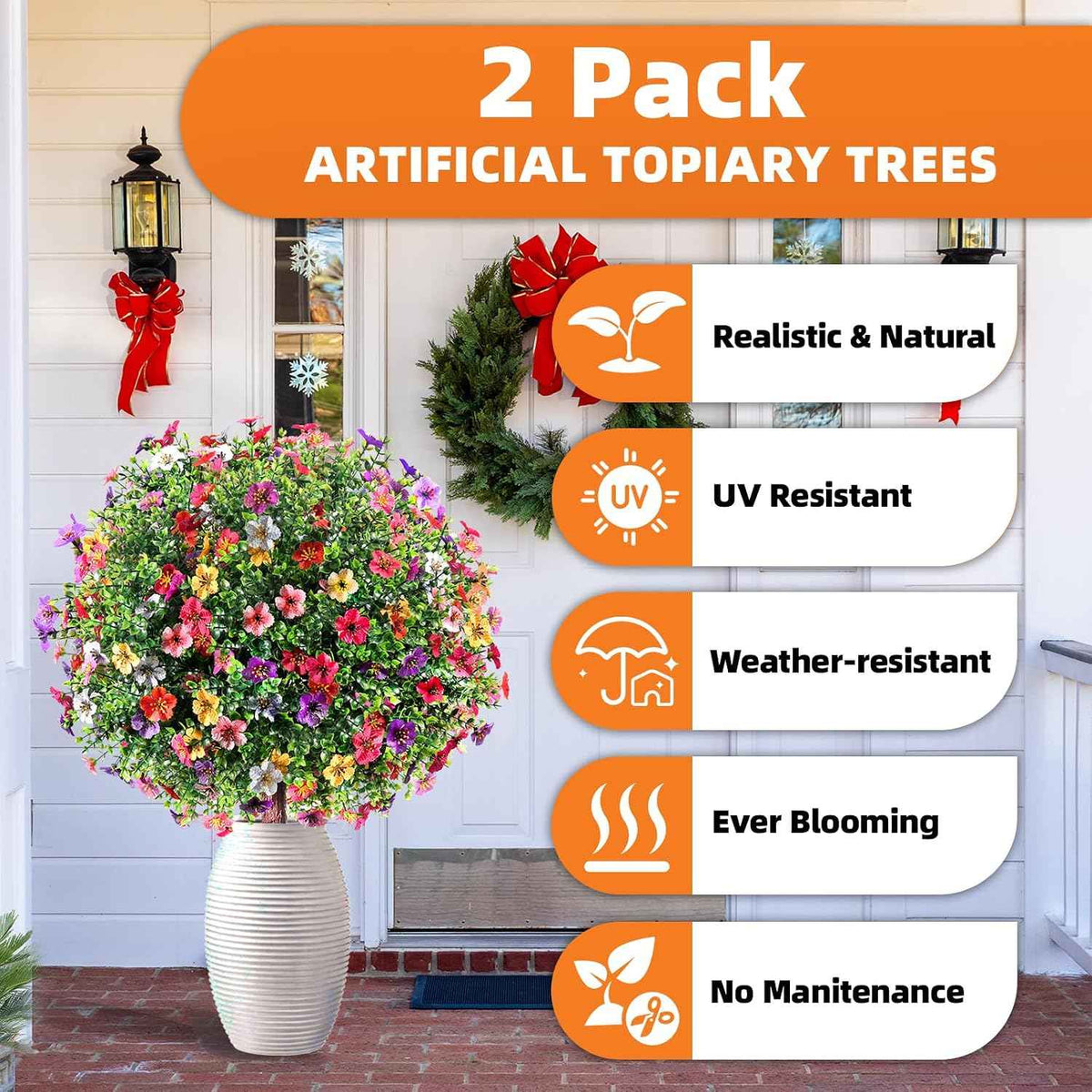 27.5" Artificial Flowers Boxwood Topiary Ball Tree Set of 2, UV Resistant Fake Bushes Shrubs with Ground Spike, Faux Evergreen Tree for Front Porch Outdoor Garden Decor