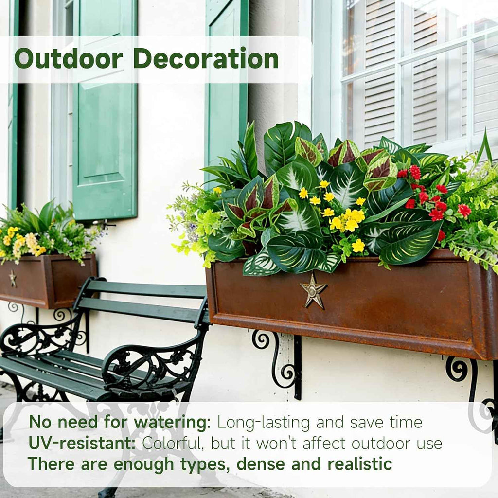 25 Bundles Outdoor Artificial Plants and Flowers Greenery Stems UV Resistant Fake Stems Plastic Leaves for Front Porch Home Decor Garden Porch Planter Window Box