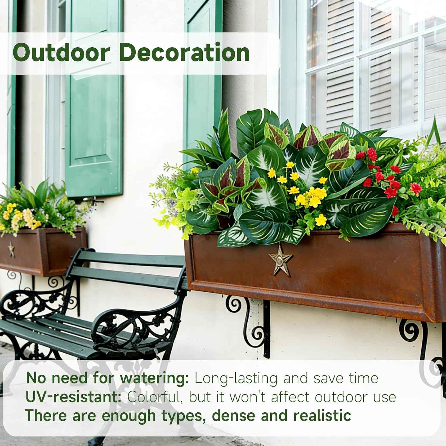 25 Bundles Outdoor Artificial Plants and Flowers Greenery Stems UV Resistant Fake Stems Plastic Leaves for Front Porch Home Decor Garden Porch Planter Window Box