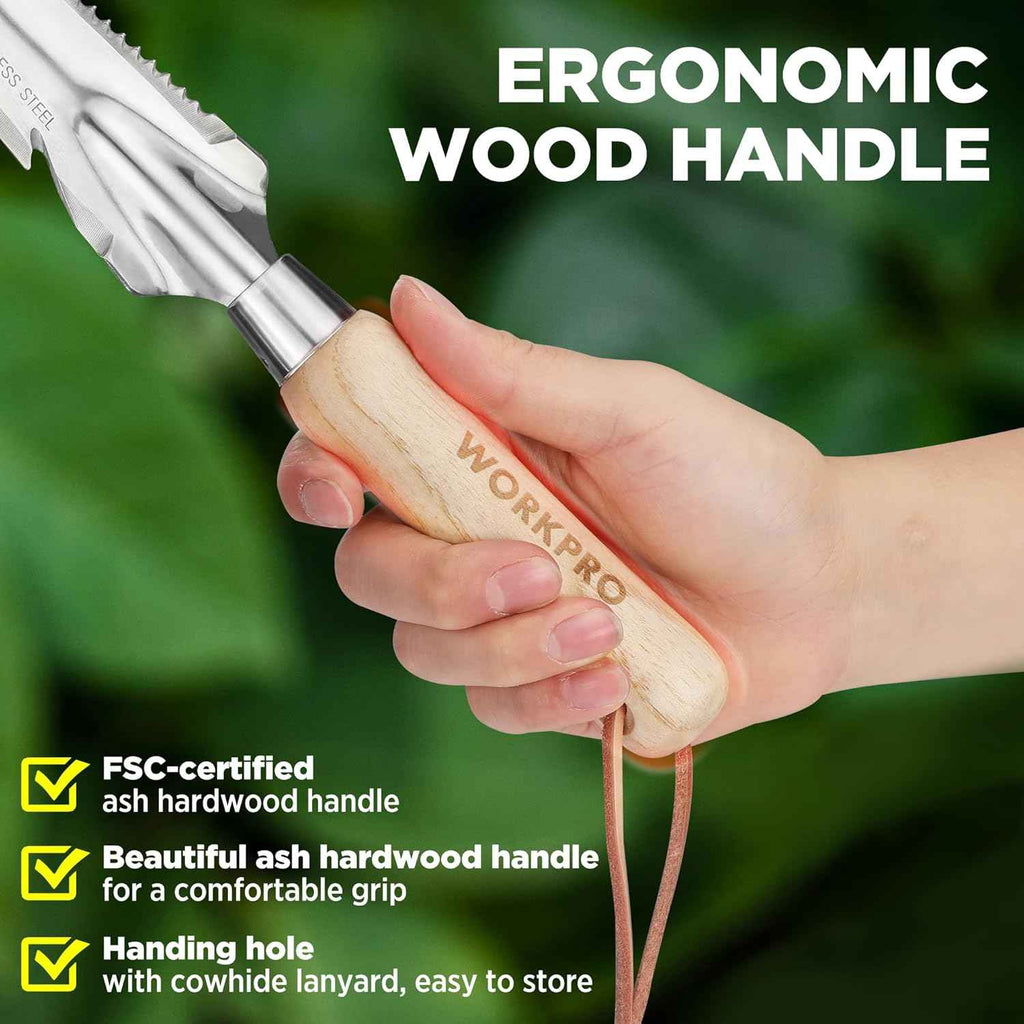 WORKPRO Hand Weeder Puller, 5-in-1 Garden Trowel with Wooden Handle | Gardening Weeding Tool for Easy Weeder Removal, Planting, Weeding, Flower & Vegetable Care in Garden Lawn Yard