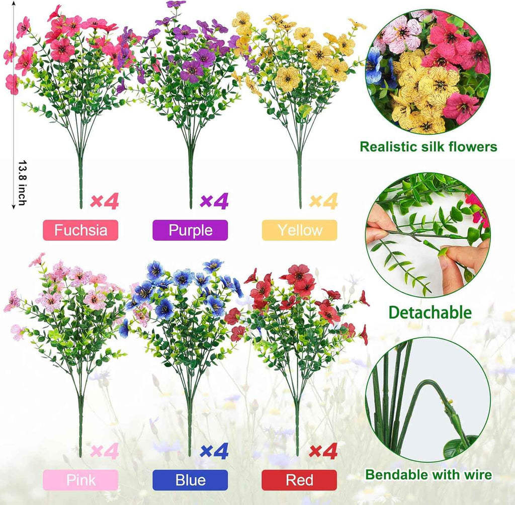 Ouddy Decor 24 Pcs Artificial Flowers for Outdoors Decorations, Multicolor | Colorful lifelike flowers, UV resistant, faux plastic plants, for garden porch window table vase home indoor outdoor decor