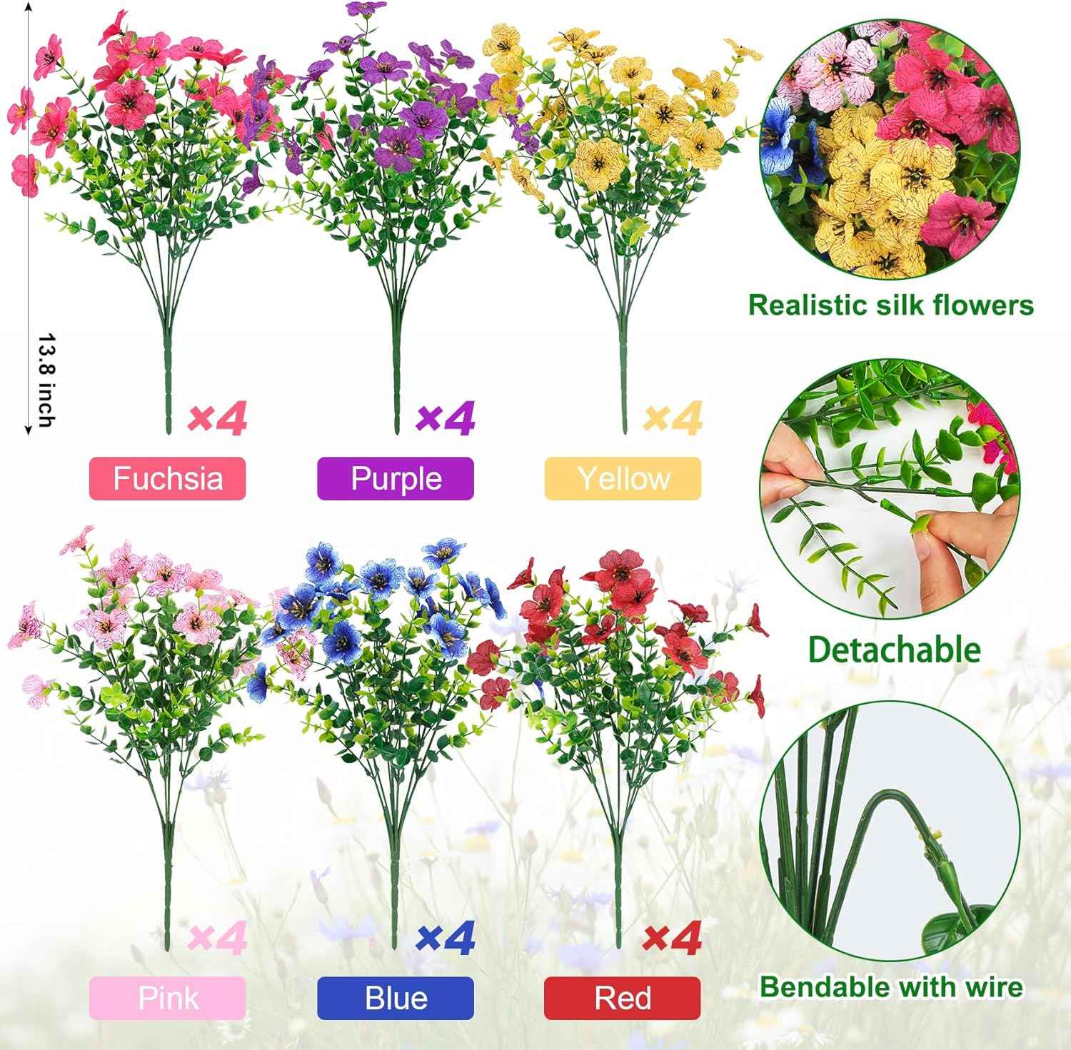 Ouddy Decor 24 Pcs Artificial Flowers for Outdoors Decorations, Multicolor | Colorful lifelike flowers, UV resistant, faux plastic plants, for garden porch window table vase home indoor outdoor decor