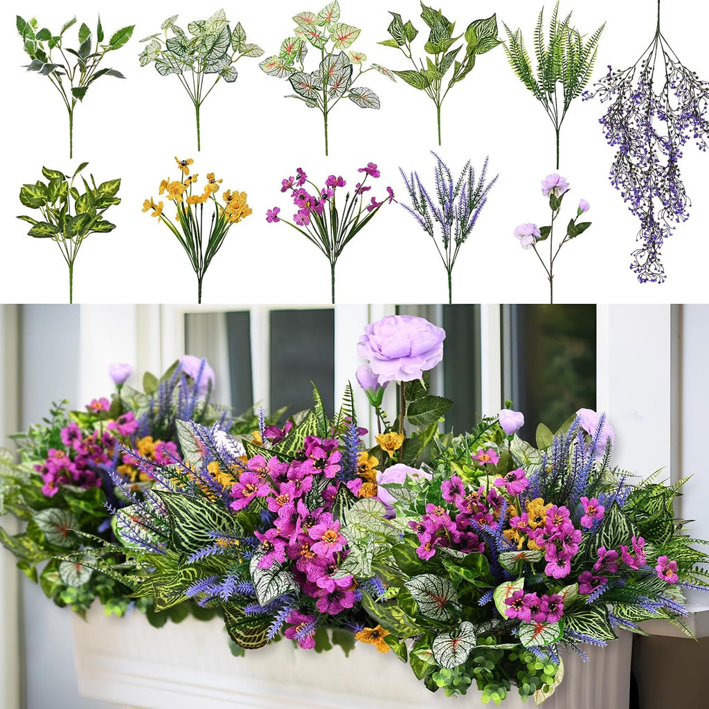 22Pcs Fake Greenery Stems Plants Outdoor UV Resistant Artificial Lavender Flowers fake bushes greenery shrubs for Indoor Outside Hanging Plants Garden Front Porch Patio Wedding Farmhouse Décor