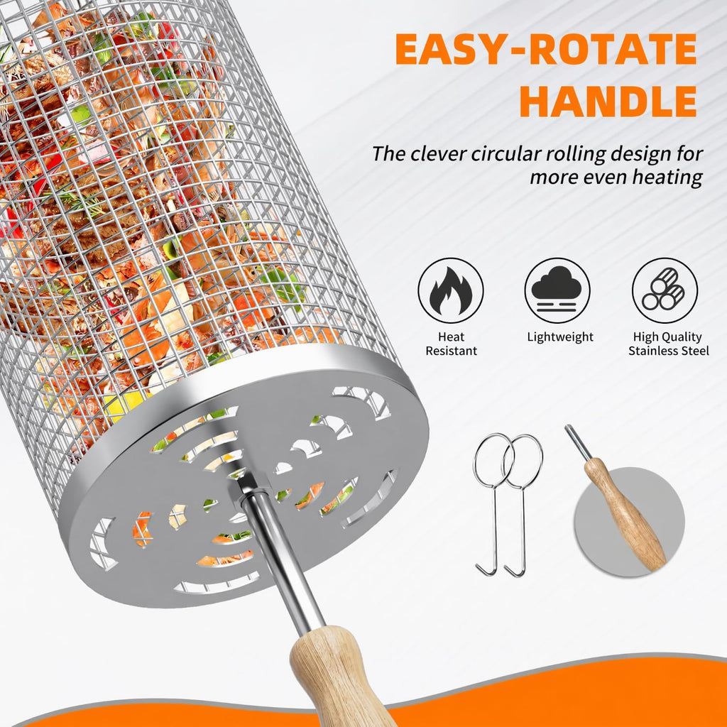 Rolling Grill Baskets, 304 Stainless Steel Grill Basket BBQ Tools | Grill Vegetable, Removable Handle, Heat Resistant, Dishwasher Safe, Nesting Storage, Outdoor Camping, BBQ Gifts for Men Dad
