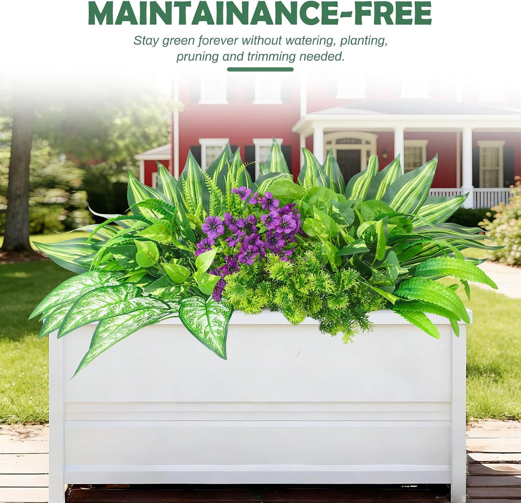 THKFUL 14Bundles Artificial Greenery Plants Outdoor Artificial Ivy Plants Faux Pothos Ferns Stems UV Resistant, Realistic Fake Shrubs Grasses Flowers Planter Filler for Window Box,Porch,Garden,Front