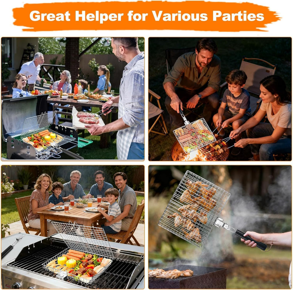 Fish Grill Basket for Outdoor Grill, Grilling Basket With Removable Handle, Portable BBQ Set Barbecue Rack for Shrimp Pork Veggies, Camping Grilling Accessories With Brush, Metal Skewers and Carry Bag