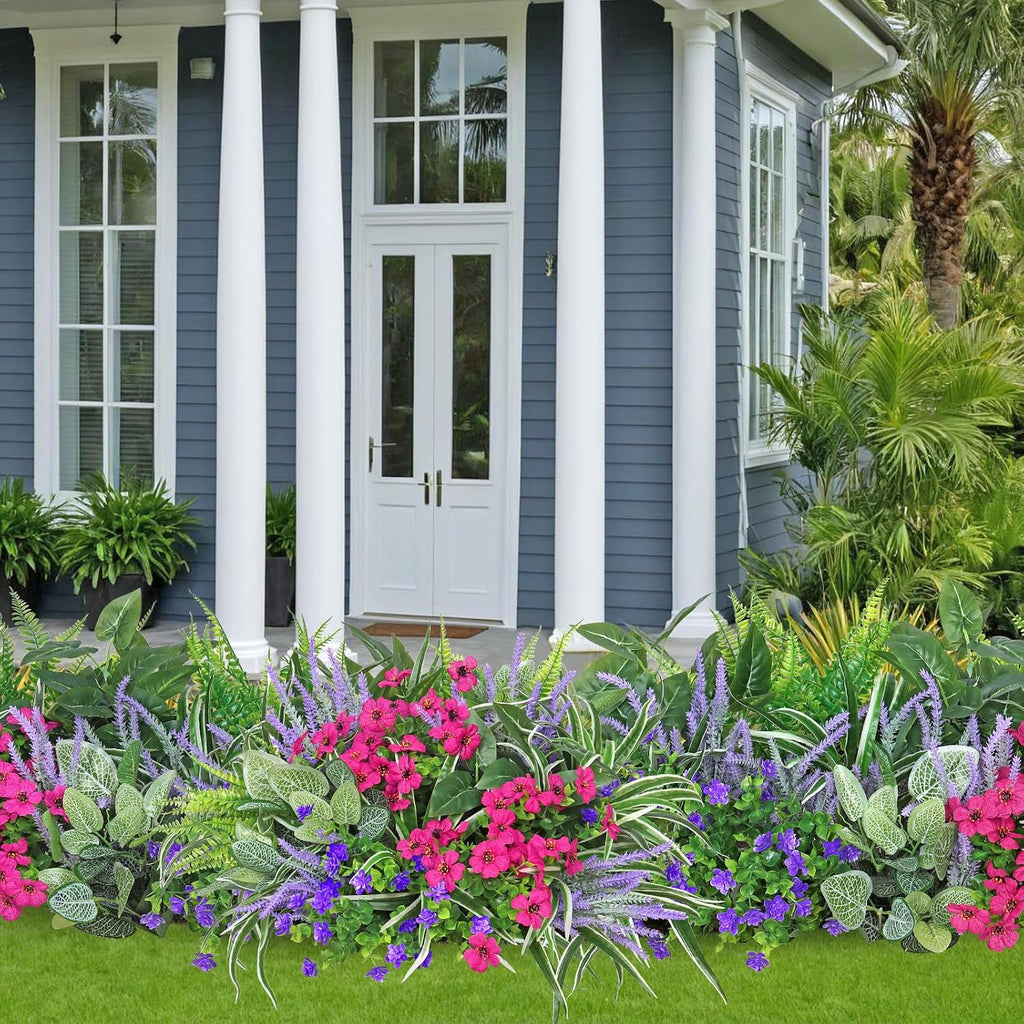 20 Bundles Artificial Plants Outdoor Fake Flowers Faux Greenery Stems | DEMIUKO UV Resistant Fake Ferns Shrubs Plastic Plants for Garden Patio Porch Yard Window Box Home Decor