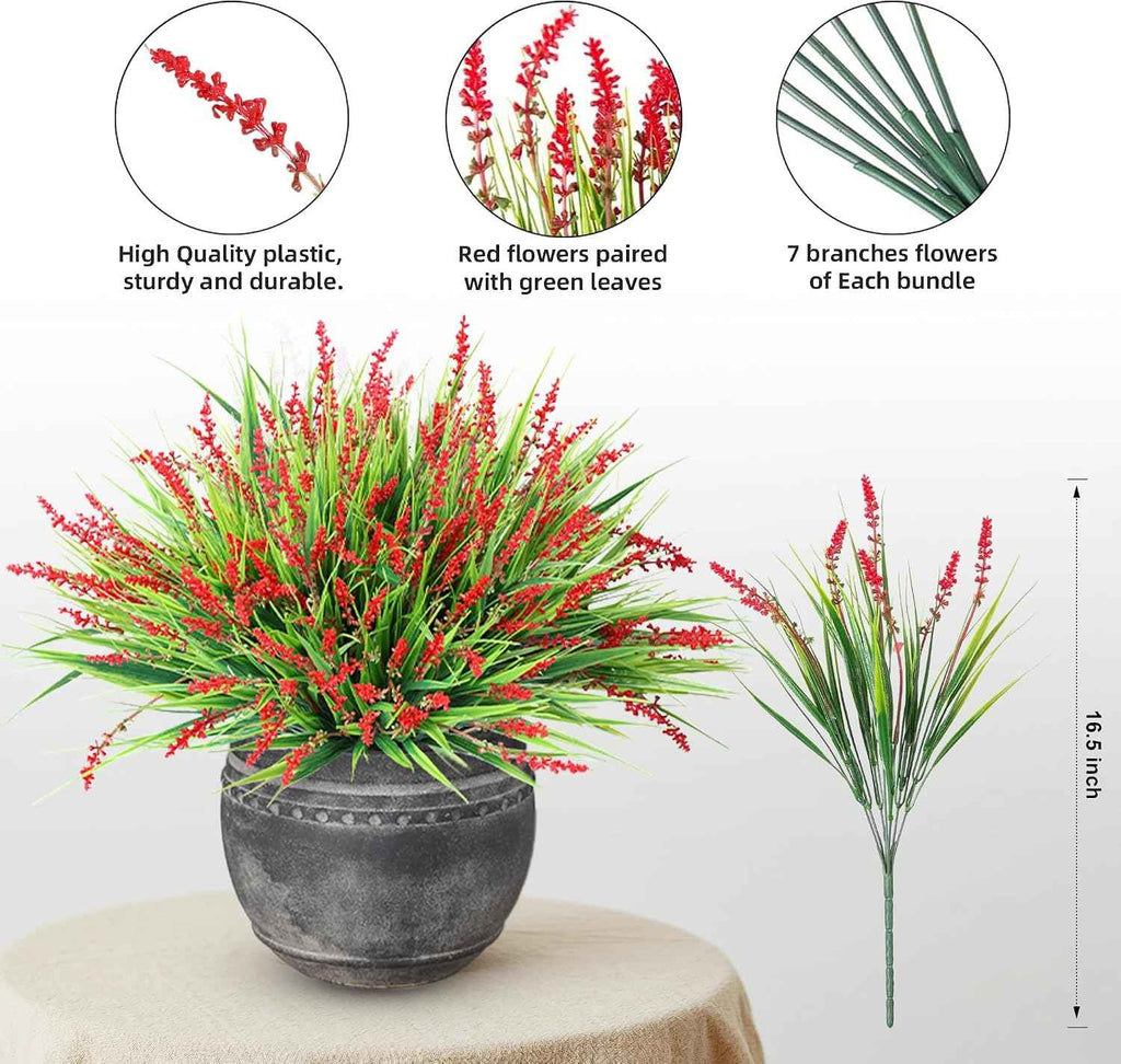 Ivydale 20PCS Artificial Plants Fake Flowers Monkey Grass for Outdoors,UV Resistant Realistic Red Faux Greenery Shrubs Outside Decor for Home Garland Porch Patio Balcony Planter Yard Office Pathway