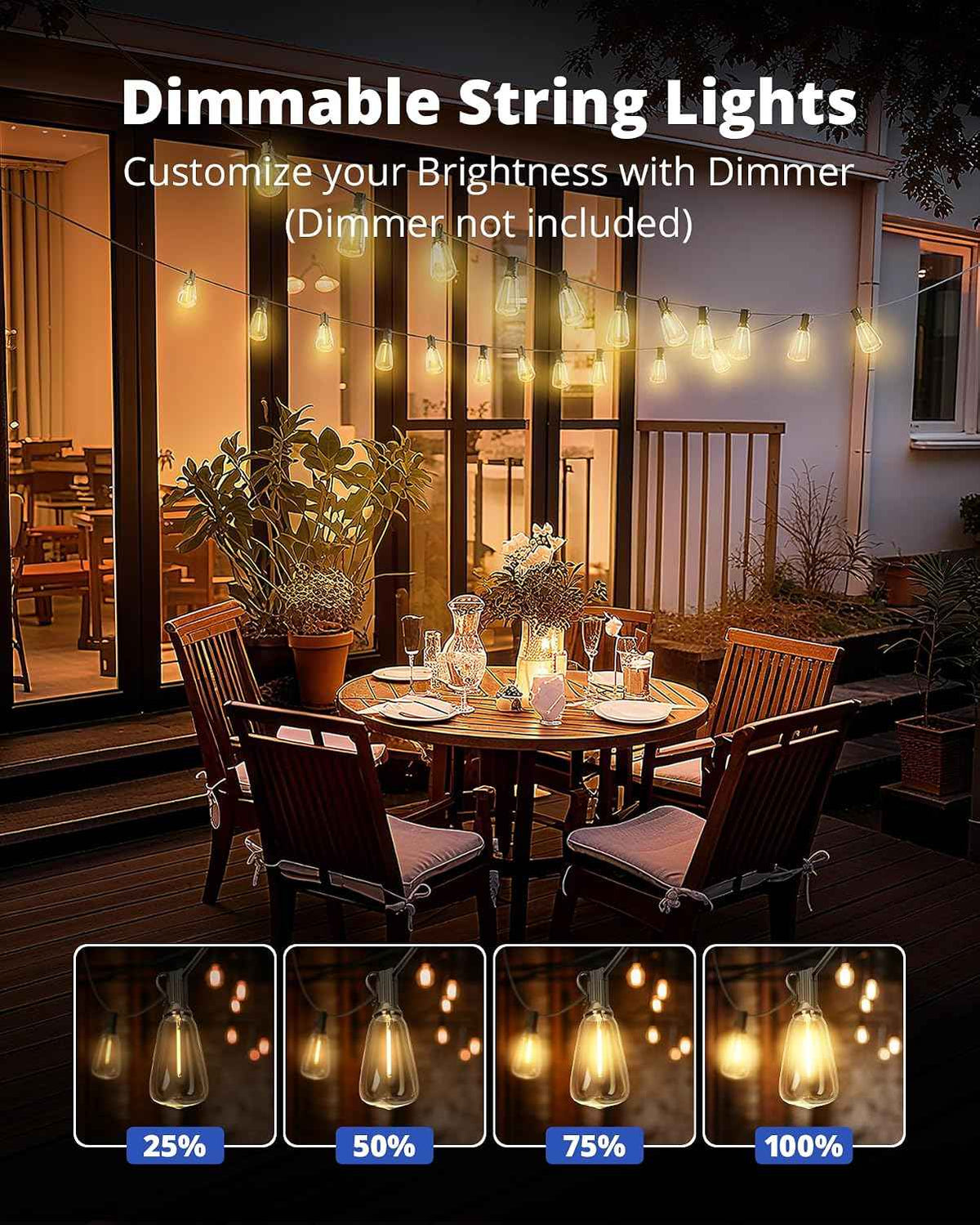 VIPAR Outdoor String Lights,25FT LED Patio Lights Waterproof 11 ST38 Bulbs | Shatterproof,Edison Outside Lights,Plug-In,2700K Dimmable, Connectable, Hanging Light for Porch Garden Backyard Deck Balcony