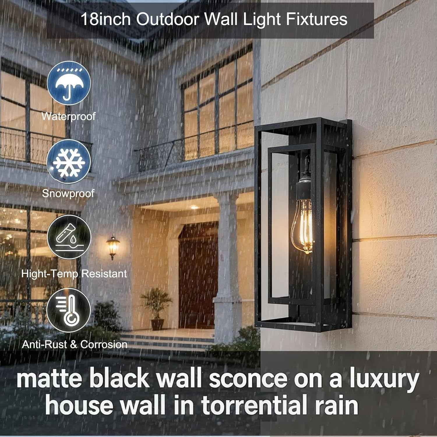 18 Inch 2 Pack Outdoor Wall Lantern Light Fixture，Large Black Exterior Wall Sconce with Clear Glass | Waterproof Anti-Rust Porch Light with E26 Socket for Entryway, Patio, Garage