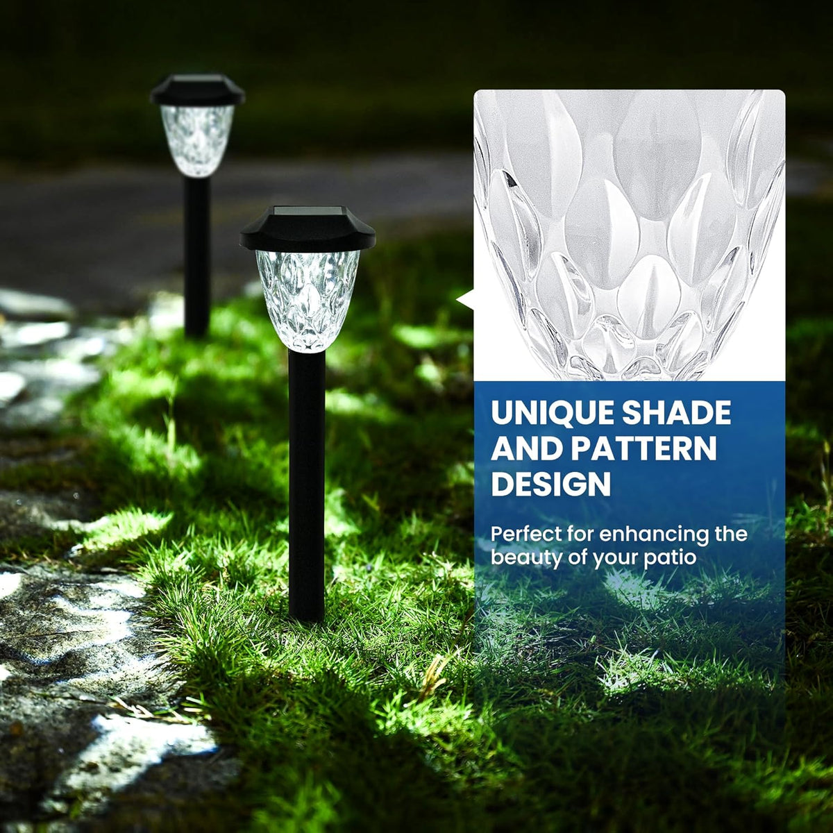 GIGALUMI Solar Pathway Lights, 8 Pack Outdoor Waterproof | Elegant pattern auto on/off dusk to dawn. Perfect for yard, garden, walkway, driveway, lawn. 8-pack landscape set.
