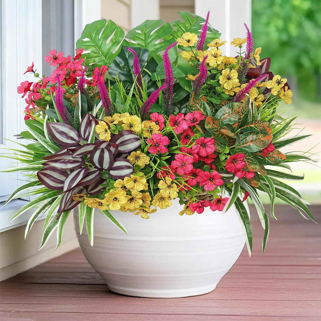 Dremisland 20 Bundles Fake Flowers Artificial Plants for Outdoors UV Resistant Faux Greenery Stems Silk Flowers Realistic Plastic Ferns Shrubs Plants for Planter Garden Patio Window Box Home Decor