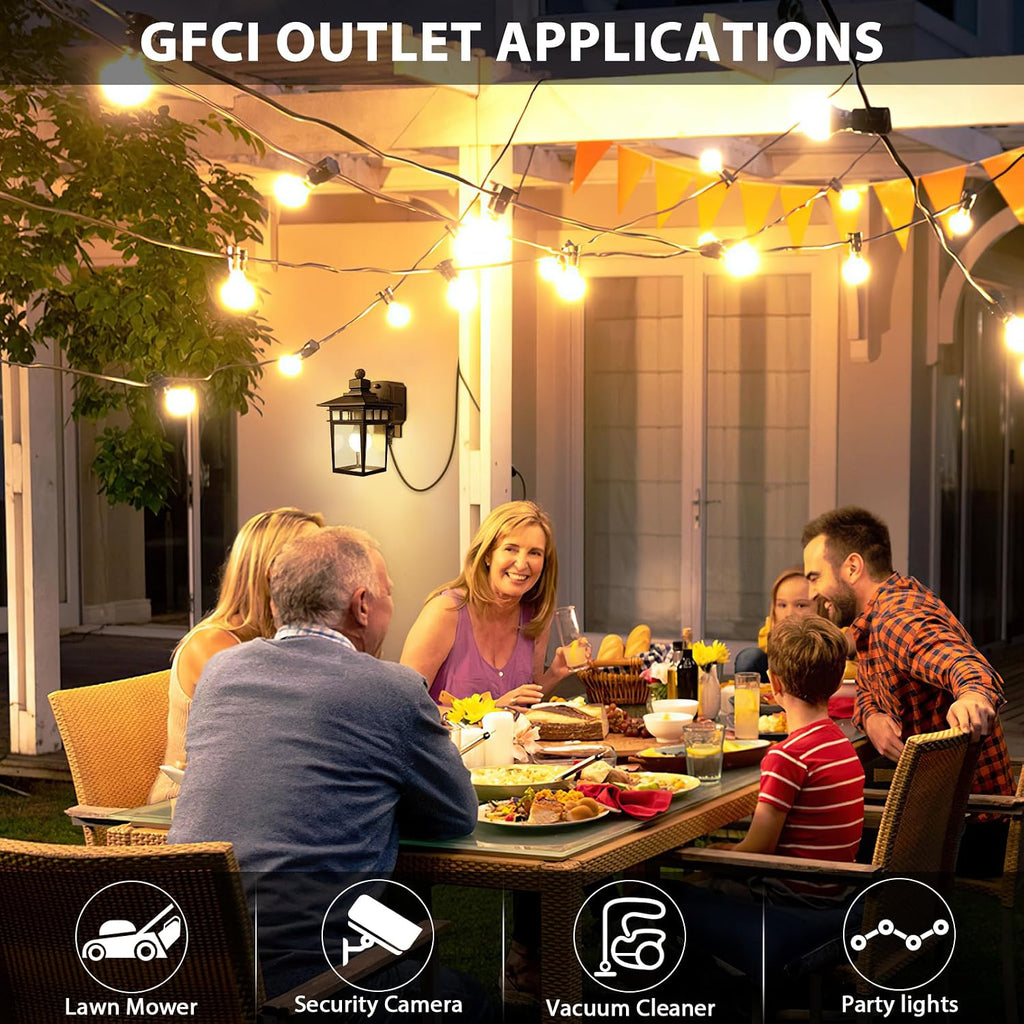 Porch Lights with GFCI Outlet, Dusk to Dawn Outdoor Wall Sconce Black | Anti-Rust Waterproof Aluminum Construction, Easy Installation, Tempered Glass & E26 Socket Outside Lights for House Garage
