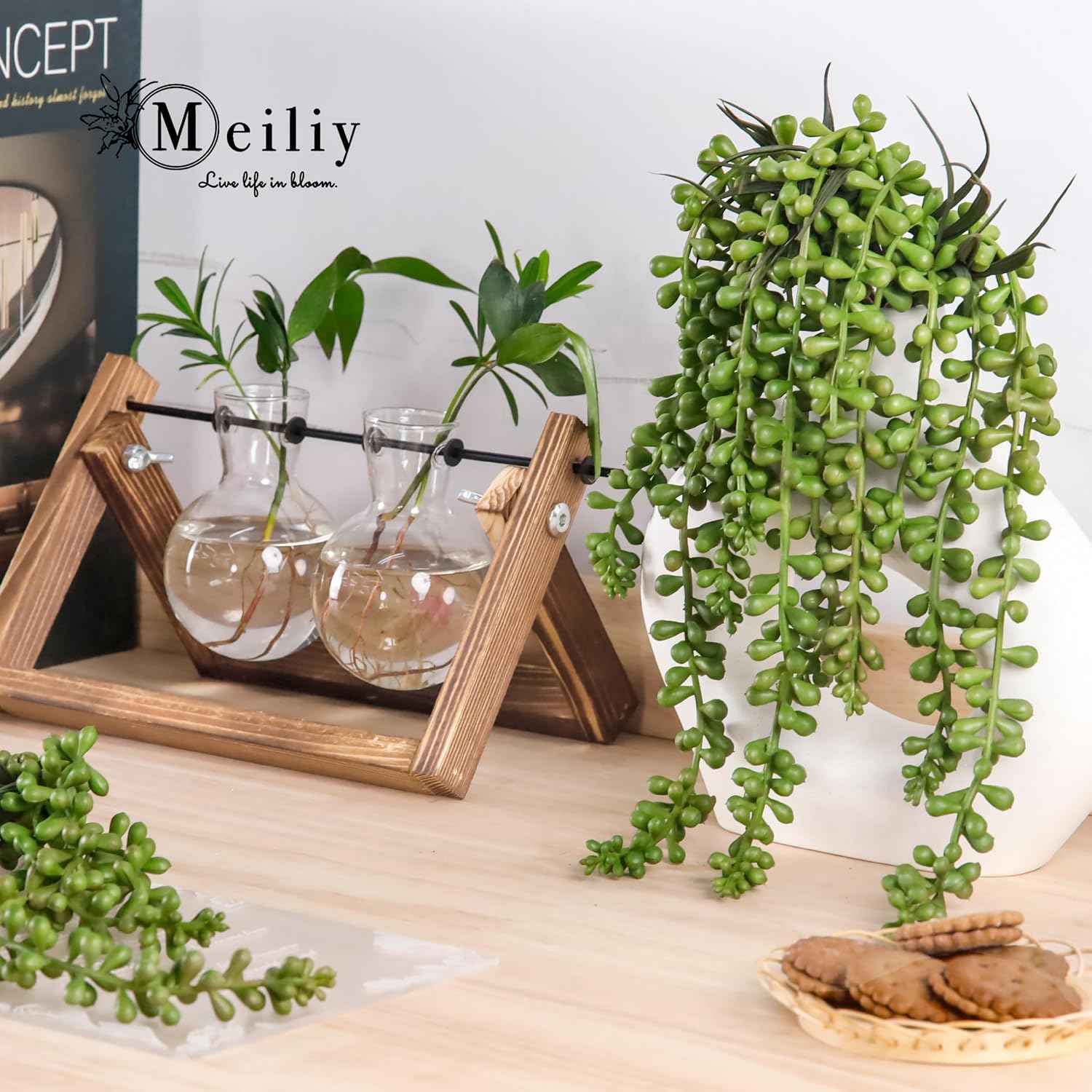Meiliy 4pcs Artificial Succulent Plants Hanging Succulent Plants Faux Succulents Unpotted Branch String of Pearls Plant for Home Kitchen Office Wedding Garden Craft Art Indoor Decor | Soft rubber faux hanging succulents with natural tones and gentle dr...