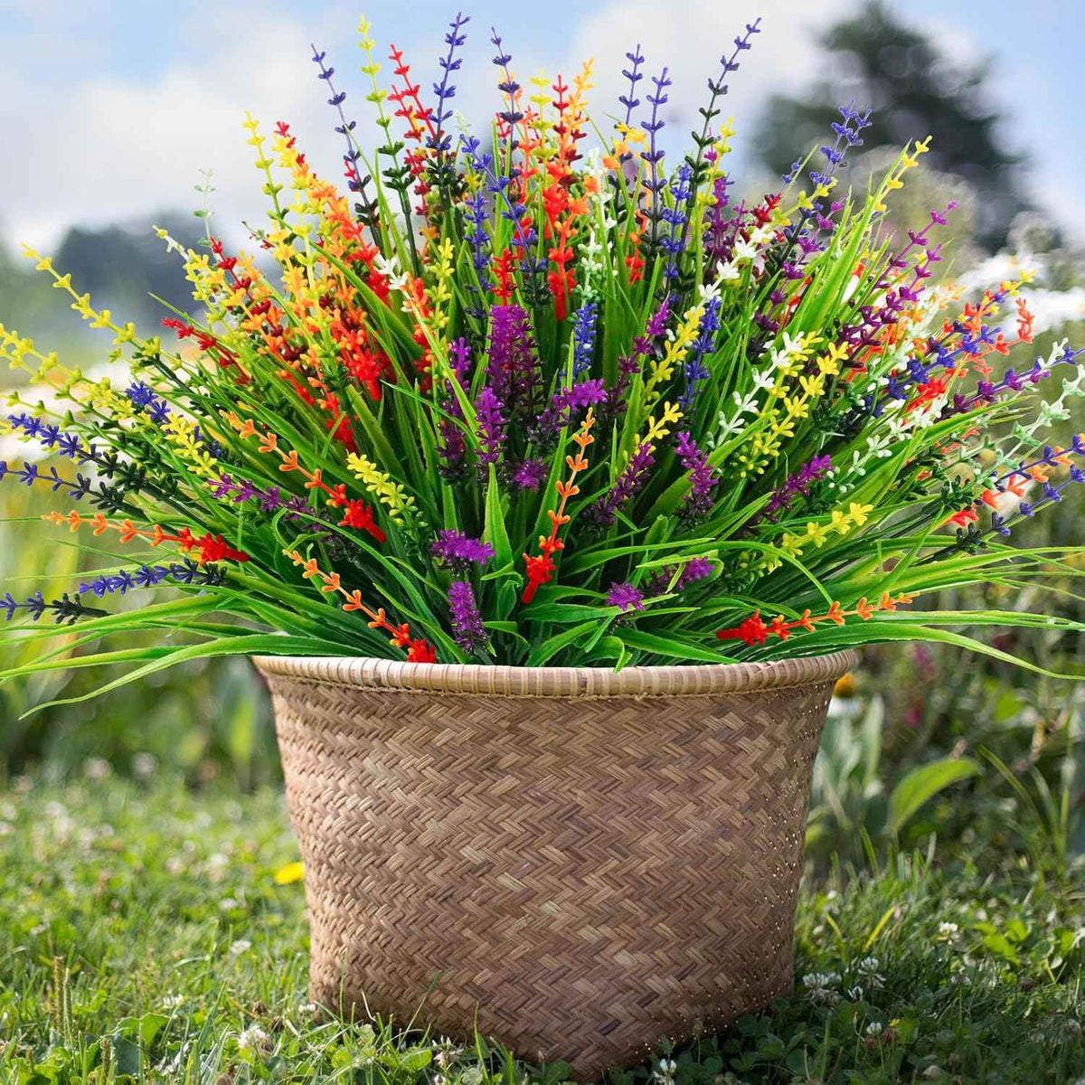 36 Pcs Artificial Plants Outdoor, UV Resistant Fake Outdoor Flowers Faux Plastic Monkey Greenery Grass for Front Porch Window Box Outside Garden Home Office Planters Desk Decor (Mixed Color)