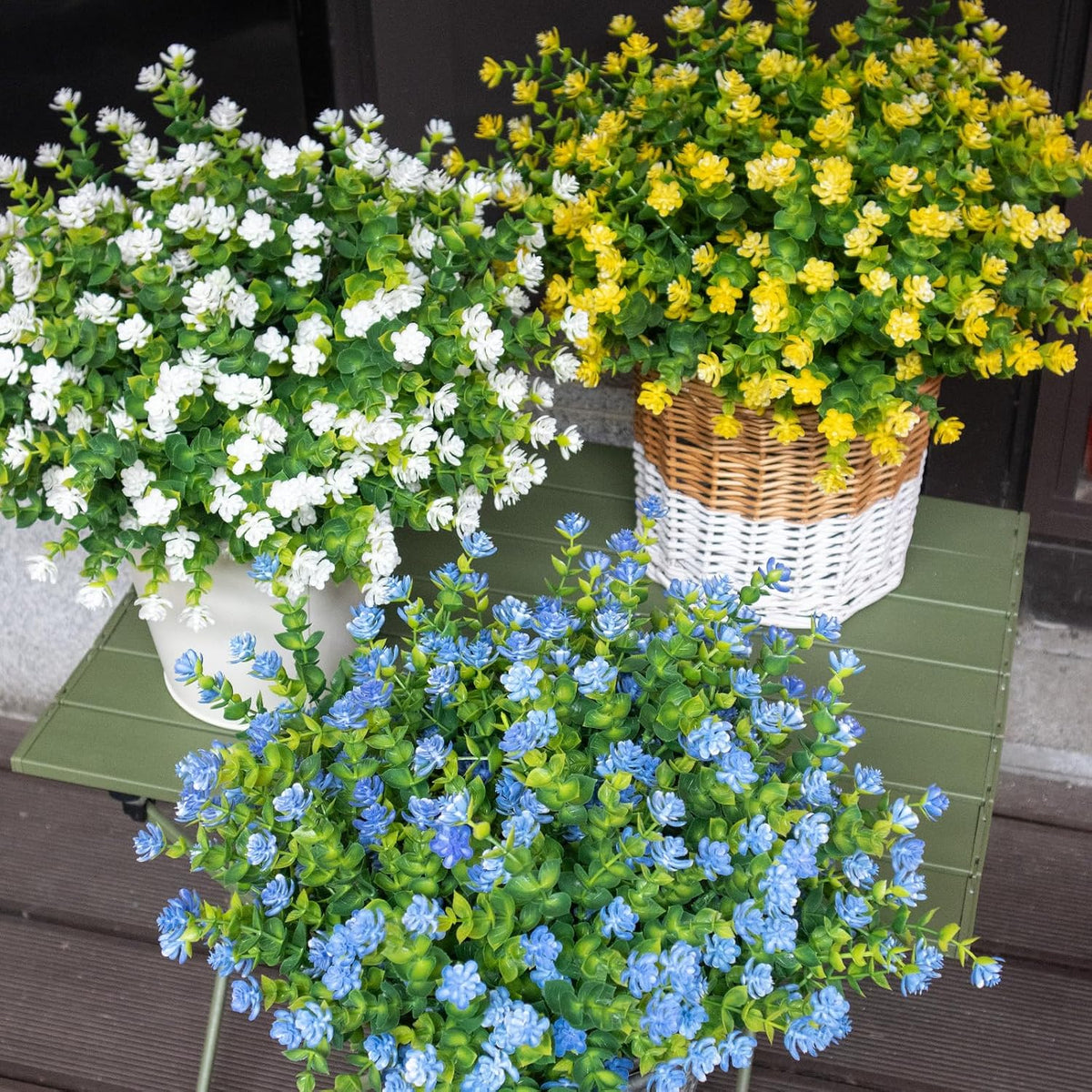 No Fade Artificial Flowers Outdoors, 16 Bundles Realistic Floral Greenery Plants UV-Anti Plants Fake Boxwood for Outdoor Indoor Home Garden Porch and Window Box Décor – Blue