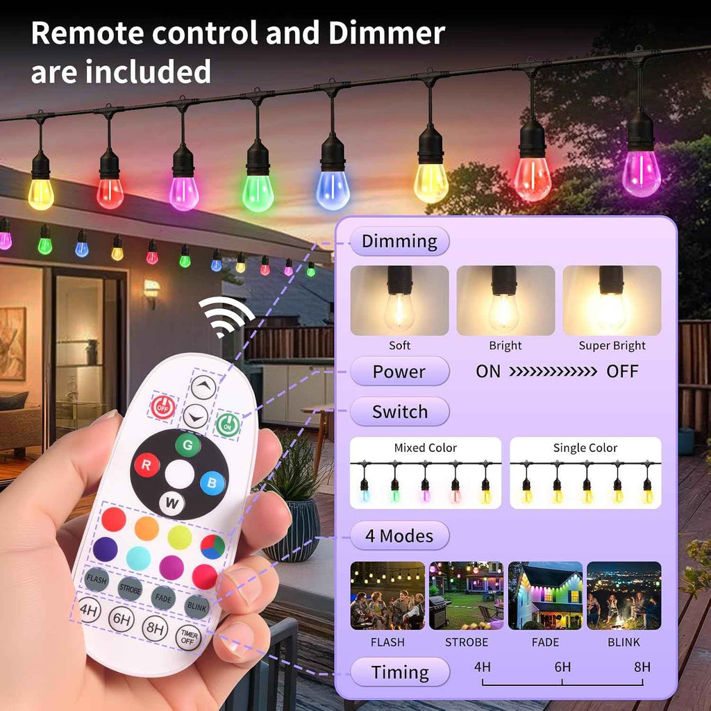 26FT Outdoor String Lights, Outdoor Lights for Patio,with 12+2 LED RGBW Color Change,3000K Bright White Waterproof Bulbs, Dimmer & Remote, Customized 12 Colors & 4 Modes, for Backyard Decor