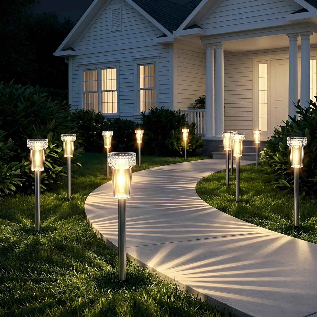 DERAYSION 12 Pack Solar Pathway Lights Outdoor, Solar Powered Garden Lights Auto On/Off, Waterproof Stainless Steel Pole Landscape Lighting for Path, Yard, Walkway, Driveway Decor - Warm White