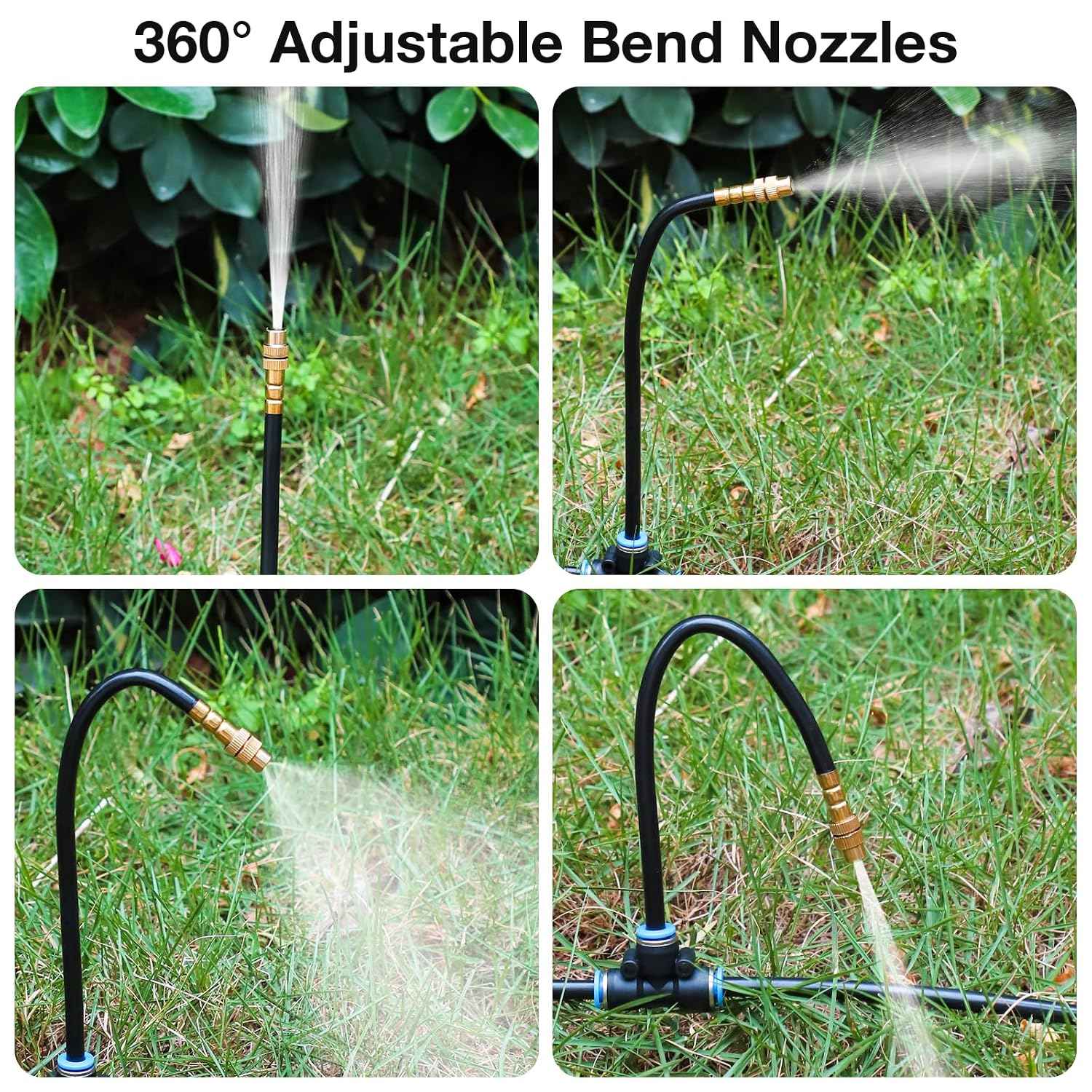 MIXC 360° Adjustable Drip Irrigation Nozzles for 1/4" Irrigation Tubing | 20 Bendable 7.8-Inch Nozzles, 20 Quick-Connect Tees, 1/4-Inch Size, Adjustable Mist-to-Stream Flow, Tubing Not Included