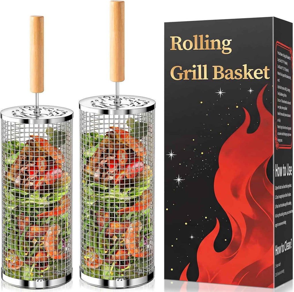 Rolling Grill Basket, Grill Gift for Men, Removable Wooden Handle, 304 Stainless Steel, Nesting BBQ Tools for Vegetable, Outdoor Smoker Camping Accessories, Ideal Gifts for Men Dad Husband Birthday