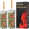 Rolling Grill Basket, Grill Gift for Men, Removable Wooden Handle, 304 Stainless Steel, Nesting BBQ Tools for Vegetable, Outdoor Smoker Camping Accessories, Ideal Gifts for Men Dad Husband Birthday