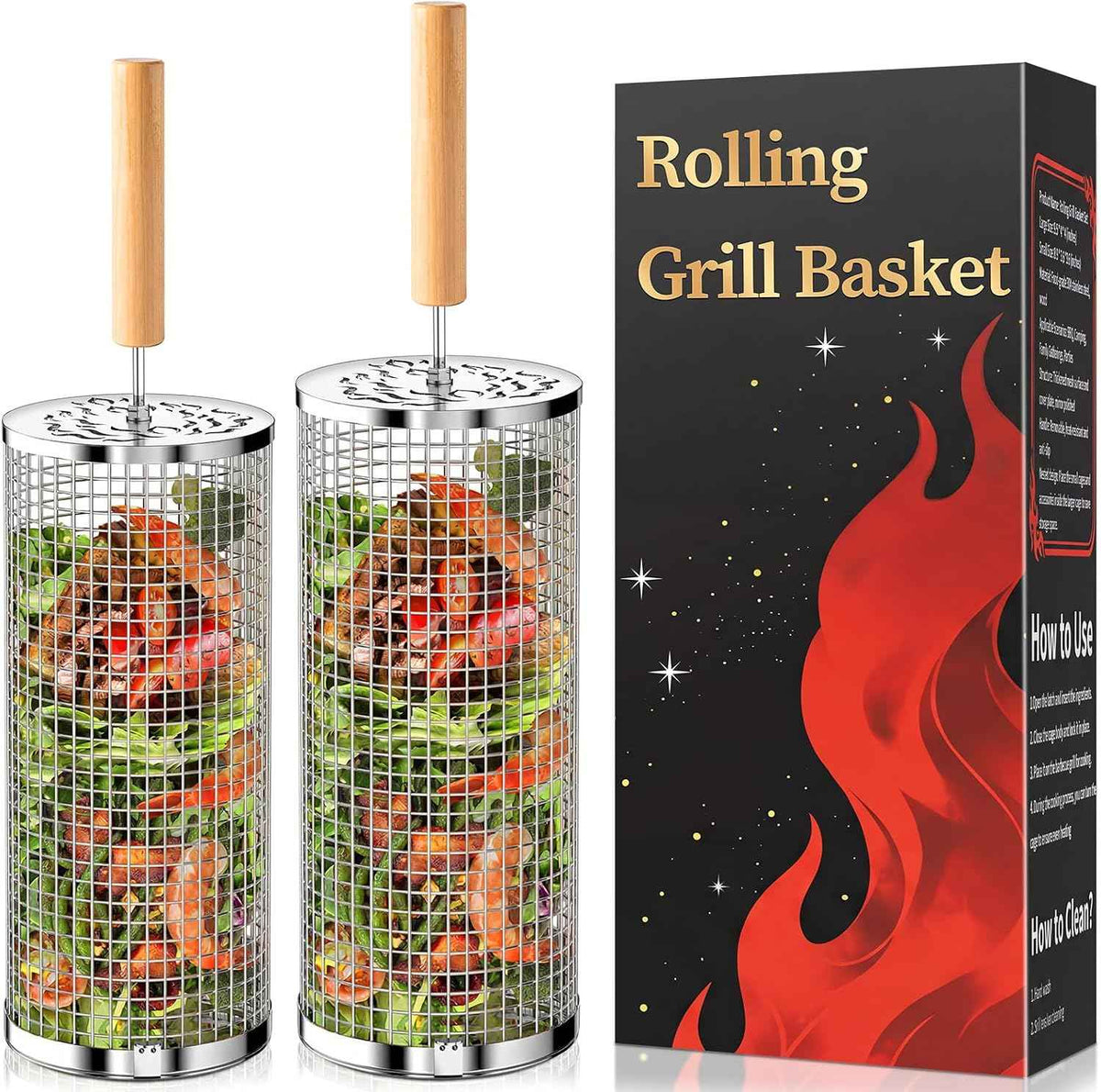 Rolling Grill Basket, Grill Gift for Men, Removable Wooden Handle, 304 Stainless Steel, Nesting BBQ Tools for Vegetable, Outdoor Smoker Camping Accessories, Ideal Gifts for Men Dad Husband Birthday
