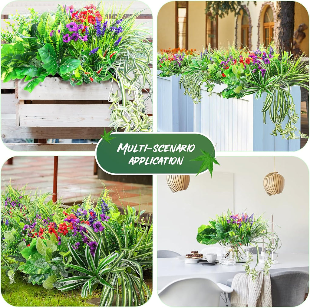 14 Bundles Artificial Plants Flower Outdoor, UV Resistant Faux Greenery with Flowers & Cascading Vines, Fake Plants for Planters, Window Boxes, Hanging Baskets & Garden Decor