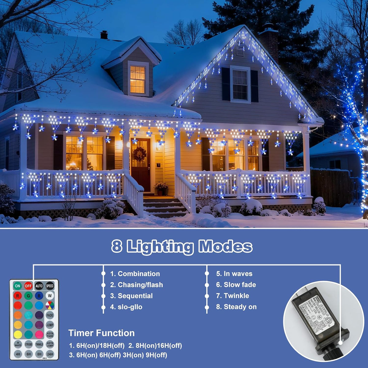 Outdoor Christmas Decorations Lights 13.8ft 200 LED Christmas Lights with 11 Stars,Dimmable Curtain Fairy Light with 8 Modes for Wedding Party Holiday Christmas Decor(RGB)