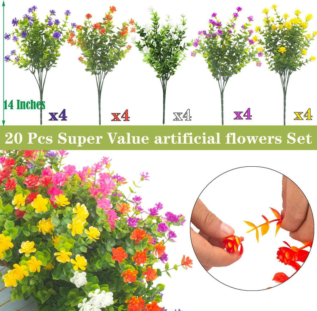 Grunyia 20 Bundles Outdoor Artificial Fake Flowers UV Resistant Boxwood Faux Plastic Plants for Hanging Garden Porch Window Box Outside Decoration(Mix)