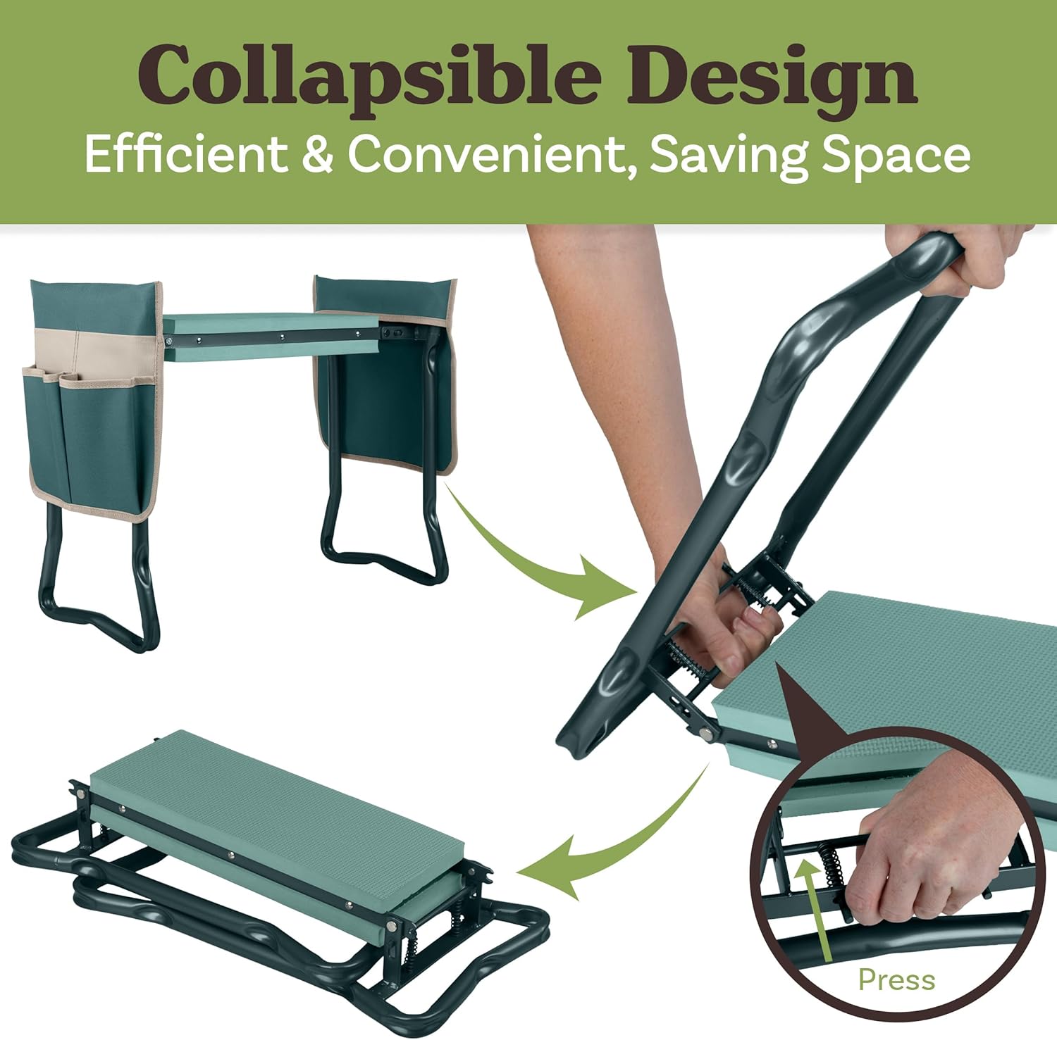 Pure Garden 2-in-1 Foldable Garden Kneeler and Seat, Green | Garden Kneeling Pad Stool - Removable Pockets for Gardening Tools - Gardening Gifts for Women, Mom, Dad, Seniors Grandparents