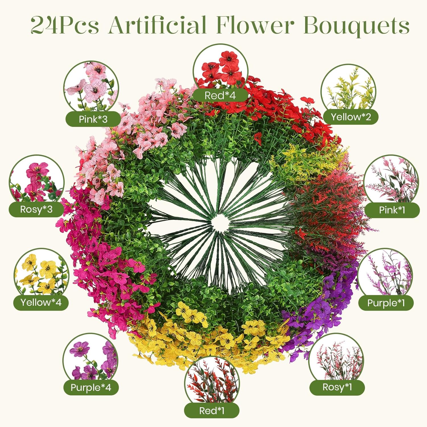 SHareconn 24 Bundles Artificial Flowers for Outdoors UV Resistant Decor | Realistic Silk Violet Lavender, UV Resistant Fake Flowers, Ideal Spring Decor for Patio Porch, Yard Planter & Home, 5 Colors